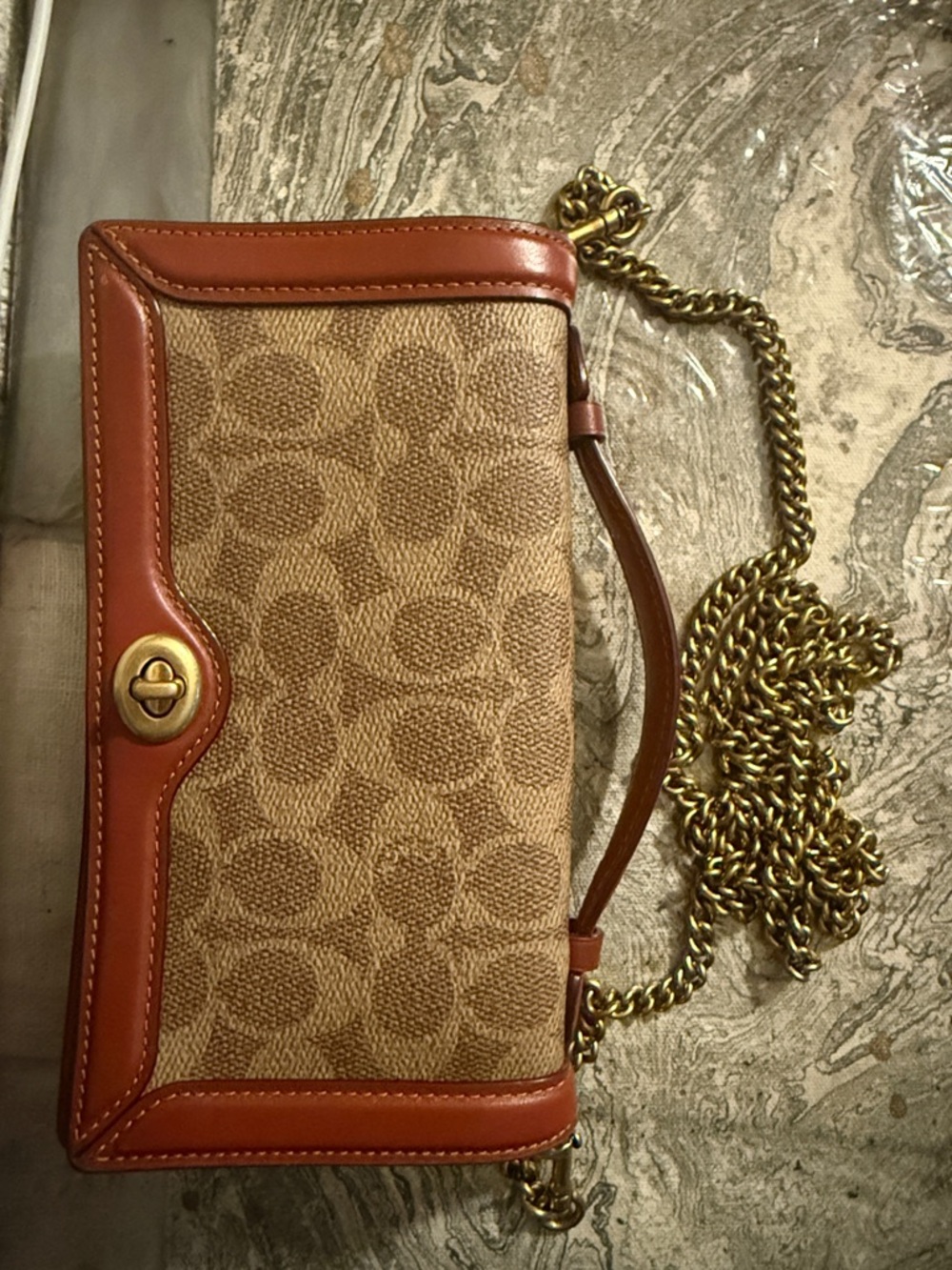 Coach Tan Signature Canvas Crossbody with Brown Leather Trim and Gold Chain